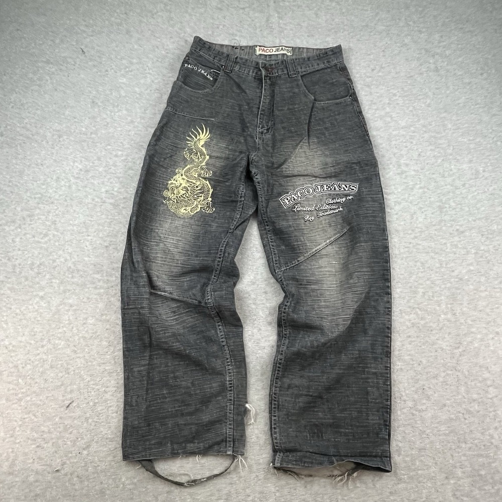 Vintage Paco Jeans Baggy Wide Leg Denin Mens 33x31 Denim Pants Skater Dragon Y2K